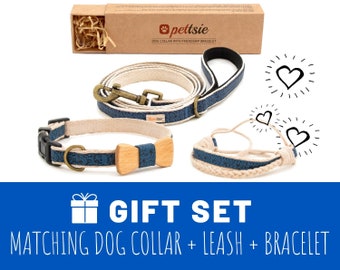 Pettsie Matching Dog Collar with Bow Tie + Leash + Friendship Bracelet, Durable Hemp for Safety, 3 Easy Adjustable Sizes, Comfortable & Soft