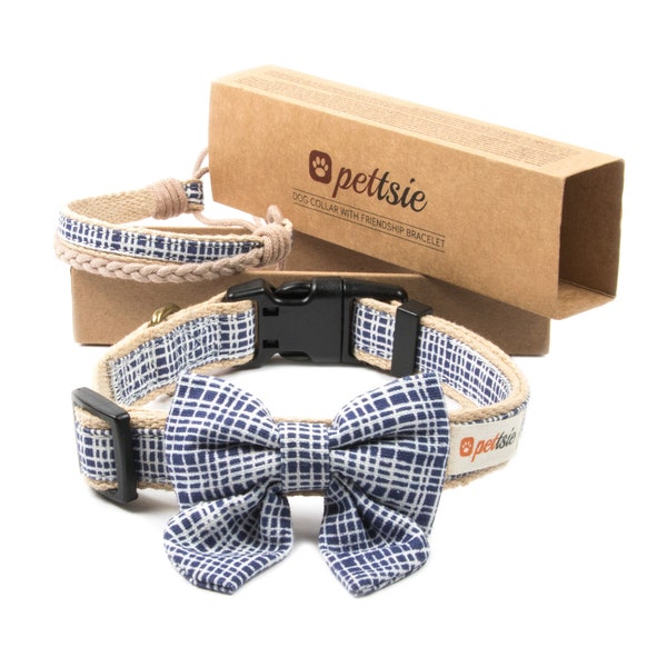 Pettsie Dog Collar with Bow Tie & Matching Friendship Bracelet, Pet-Friendly Hemp, Strong D-Ring, 2 Adjustable Sizes