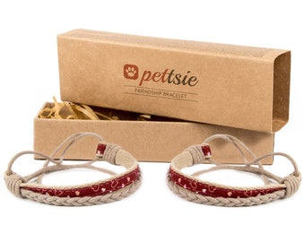 Pettsie Red Matching Friendship Bracelets, 2 Pack Set, Easy Adjustable, 100% Cotton and Hemp