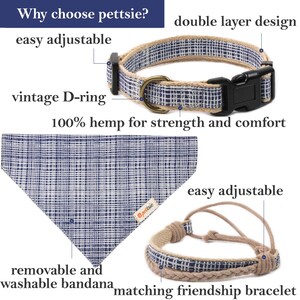 May include: A blue and white hemp dog collar with a matching bandana and friendship bracelet. The collar has a double layer design and an easy adjustable buckle. The bandana is removable and washable. The text "Why choose pettsie?" and "100% hemp for strength and comfort" is visible in the image.