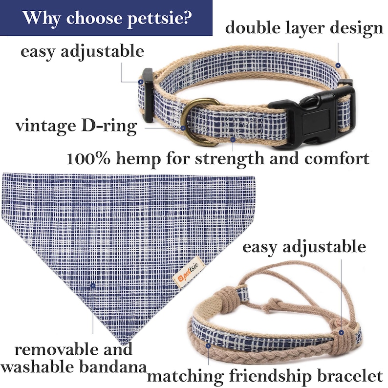 May include: A blue and white hemp dog collar with a matching bandana and friendship bracelet. The collar has a double layer design and an easy adjustable buckle. The bandana is removable and washable. The text "Why choose pettsie?" and "100% hemp for strength and comfort" is visible in the image.