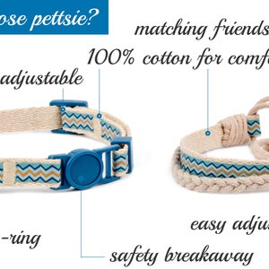 May include: A beige cotton pet collar with a blue and gold chevron pattern, a vintage D-ring, and a safety breakaway buckle. A matching friendship bracelet is also shown.