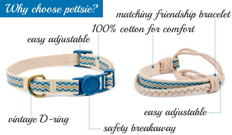May include: A beige cotton pet collar with a blue and gold chevron pattern, a vintage D-ring, and a safety breakaway buckle. A matching friendship bracelet is also shown.