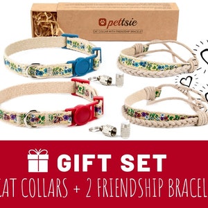 Pettsie Geschenkset Rot und Blau Katzenhalsband mit Breakaway-Schnalle + Freundschaftsarmbändern, ID Tag Tube inklusive, Strapazierfähig 100% Baumwolle