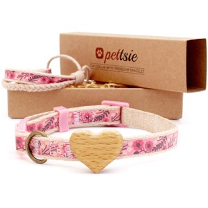 Floral Cat Collar with Wood Heart & Friendship Bracelet