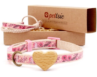 Floral Cat Collar with Wood Heart & Friendship Bracelet