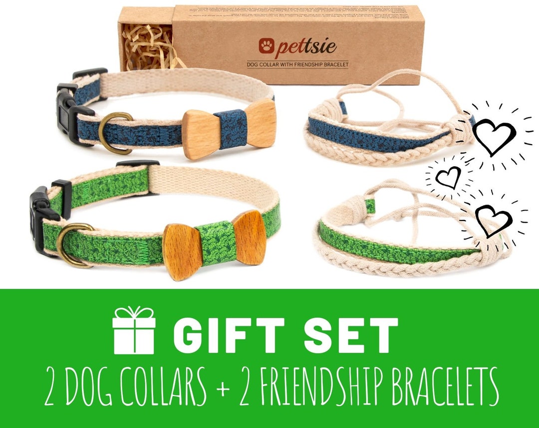 Hemp Dog Collar With Wood Bow Tie Friendship Bracelet Set