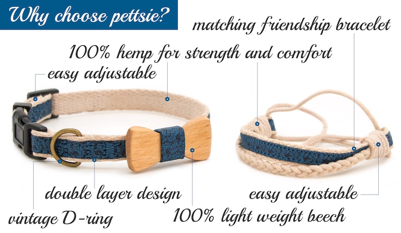 Pettsie Matching Dog Collar with Friendship Bracelet and Bow Tie, Durable Hemp for Safety, 3 Easy Adjustable Sizes, Comfortable and Soft image 2