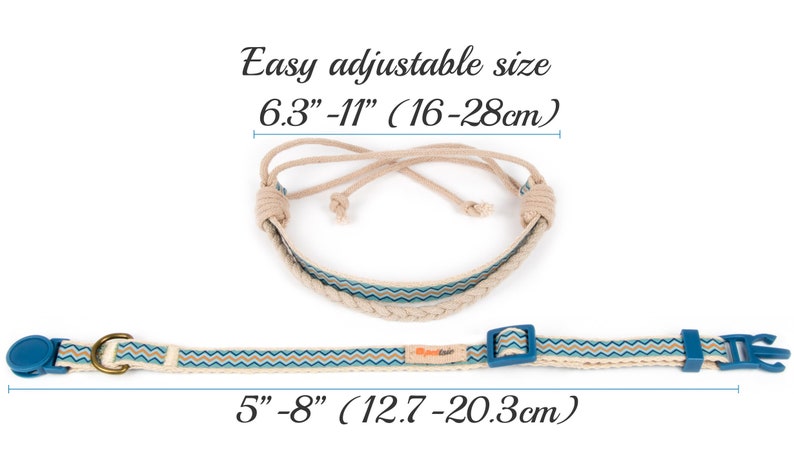May include: A beige and blue adjustable dog collar with a sliding buckle. The collar is made of rope and fabric and has a zig-zag pattern. The collar is adjustable from 6.3 to 11 inches (16 to 28 cm) and 5 to 8 inches (12.7 to 20.3 cm).