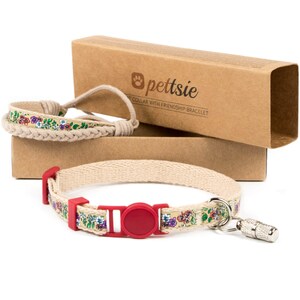Floral Kitten Collar: Cotton Breakaway Buckle with ID Tag + Friendship Bracelet