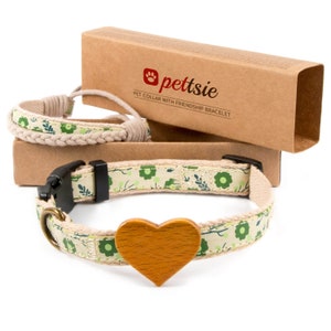 Pettsie Green Dog Collar with Heart and Friendship Bracelet for You, Durable Hemp for Safety, 2 Easy Adjustable Sizes, Comfortable and Soft