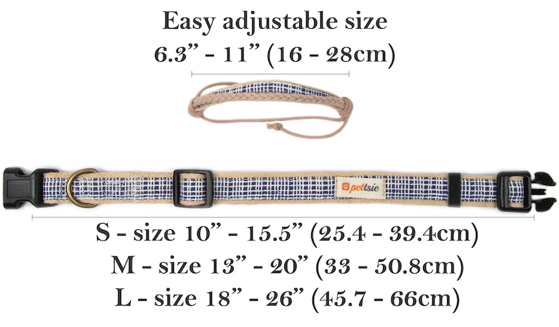 May include: A beige and blue patterned dog collar with a black buckle and a silver ring. The collar is adjustable and comes in three sizes: small (10-15.5 inches), medium (13-20 inches), and large (18-26 inches).