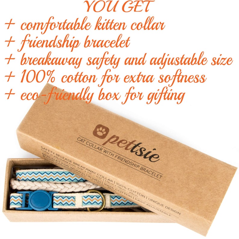 May include: A brown cardboard box with the text "pettsie" and "CAT COLLAR WITH FRIENDSHIP BRACELET" printed on the top. The box is open and contains a blue, white, and beige patterned cat collar with a breakaway safety buckle and a matching friendship bracelet.