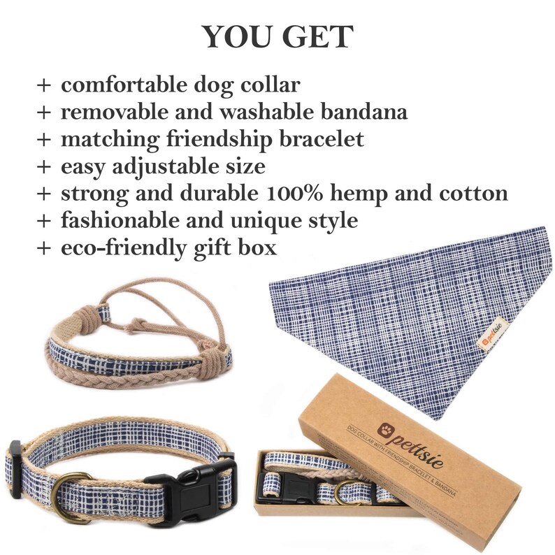 May include: A set of hemp and cotton dog accessories in a blue and beige plaid pattern. The set includes a dog collar, a bandana, and a matching friendship bracelet. The items are packaged in a brown box with the text "pettsie" printed on it. The box also includes the text "DOG COLLAR WITH FRIENDSHIP BRACELET & BANDANA".