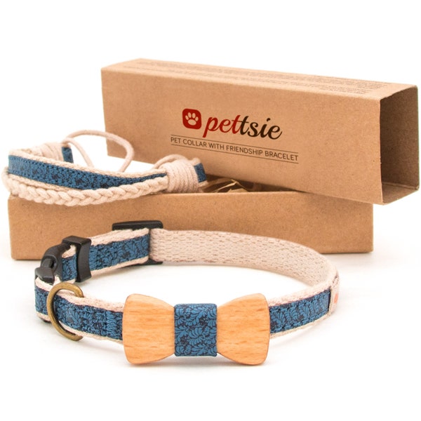 Pettsie Matching Dog Collar with Friendship Bracelet and Bow Tie, Durable Hemp for Safety, 3 Easy Adjustable Sizes, Comfortable and Soft