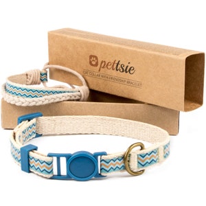 Pettsie Blue Cat Collar with Breakaway Buckle and Friendship Bracelet for You, Durable 100% Cotton for Extra Safety, Easy Adjustable Size