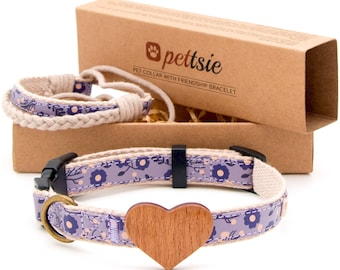 Purple Floral Dog Collar with Wood Heart & Matching Friendship Bracelet