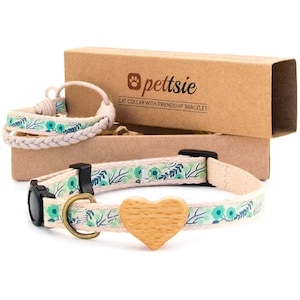 Pettsie Cat Collar Breakaway Safety with Heart and Friendship Bracelet for You, Soft 100% Cotton for Extra Comfort, Adjustable Size 8"-11"