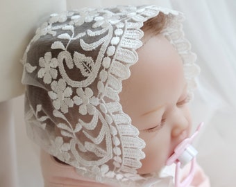 Louisa Baby Baptismal Hat Hood Lace Lace
