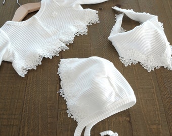 Ensemble baptismal BoleDia Blanc Casquette baptismale Veste Bébé Veste Bolero Veste Tissu Triangulaire