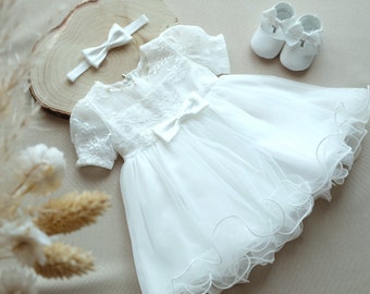 3 parts Edasi christening dress with/without headband and shoes