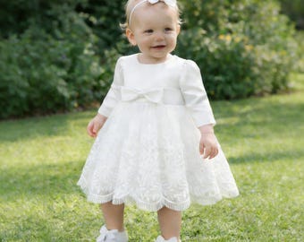 Olia christening set for baby girls – christening gown with silk satin & embroidered lace - optionally with fleece bolero and matching turban headband