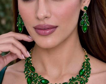 Emerald Green Rhinestone Necklace Earrings Set, Statement Jewelry, Prom Set 21086
