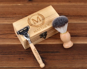 Personalized Razor with Wood Handle, Shaving Brush, Safety Razor for Men, Groom Gift, Custom Razor, Shaving Kit for Men, Groomsmen Gift Set