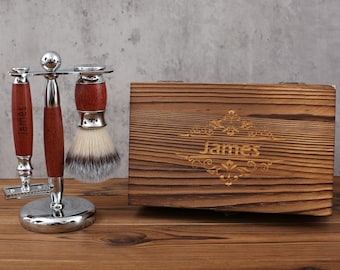 Personalized Wood Razor, Groomsmen Gift Set, Safety Razor with Shaving Brush, Groom Gift, Custom Razor, Shaving Set for Men, Wedding Gifts