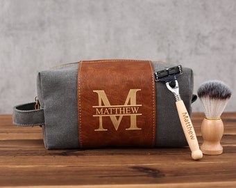 Mens Toiletry Bag Personalized, Custom Gift for Men, Toiletry Bag with Shaving Razor and Brush, Groomsman Gift Sets, Groomsmen Proposal