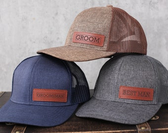 Personalized Trucker Hat for Groomsmen, Groom, Best Man, Custom Trucker Leather Patch Hat, Wedding Party Gifts, Baseball Cap, Golf Hat