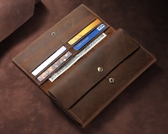 Hand Stitched Long Leather Wallet With Plus Size Phone Pocket Personalized Leather Wallet Anniversary Gift Christmas Gift Gift for Him