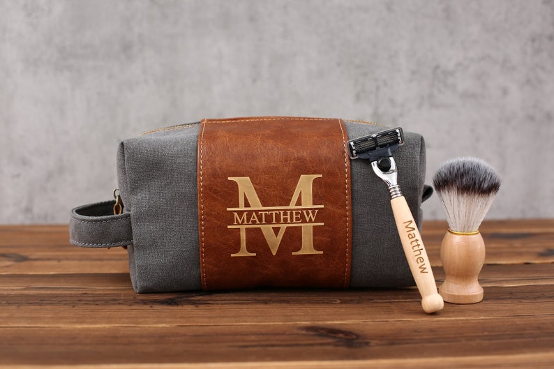 Mens Toiletry Bag Personalized, Custom Gift for Men, Toiletry Bag with Shaving Razor and Brush, Groomsman Gift Sets, Groomsmen Proposal image 1