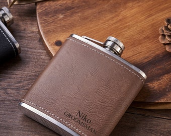 Groomsmen Gift Personalized Flask for Men Rustic Brown Leather Hip Flask Best Man Flask Initials Groomsman Flask Gift for Dad Leather Flask