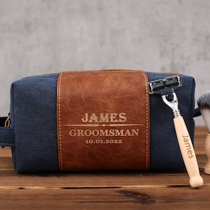 Mens Toiletry Bag Personalized, Custom Gift for Men, Toiletry Bag with Shaving Razor and Brush, Groomsman Gift Sets, Groomsmen Proposal image 3