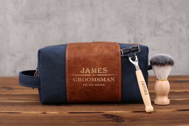 Mens Toiletry Bag Personalized, Custom Gift for Men, Toiletry Bag with Shaving Razor and Brush, Groomsman Gift Sets, Groomsmen Proposal image 3