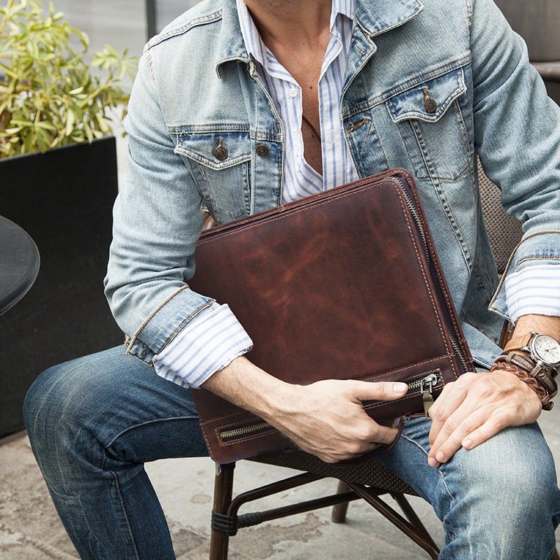 Full Grain Leather Portfolio Zipper Men's Leather Etsy