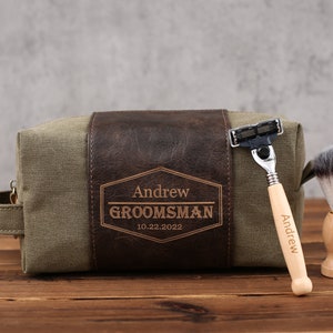 Mens Toiletry Bag Personalized, Custom Gift for Men, Toiletry Bag with Shaving Razor and Brush, Groomsman Gift Sets, Groomsmen Proposal image 2