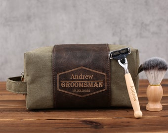 Personalized Groomsmen Gift Set Mens Shaving Kit Custom Toiletry Bag with Shaving Razor and Brush Dopp Kit Wedding Gift Travel Case Set