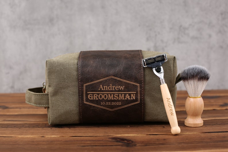 Mens Toiletry Bag Personalized, Custom Gift for Men, Toiletry Bag with Shaving Razor and Brush, Groomsman Gift Sets, Groomsmen Proposal image 2