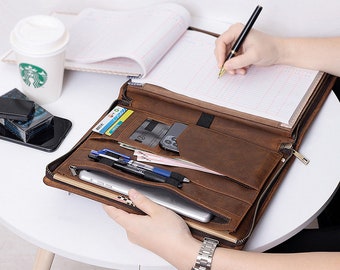 Personalized Leather Portfolio with A4 Notepad Holder, Personalized Business Folder Padfolio, Zippered Portfolio, Gift for Men/Women