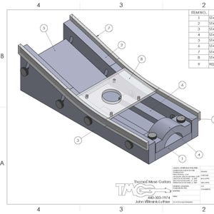 May include: Isometric technical drawing of a guitar tool, labeled ST-001. The drawing shows a gray, rectangular base with various components, including a headstock platform and side grips. A parts list and instructions are also included.