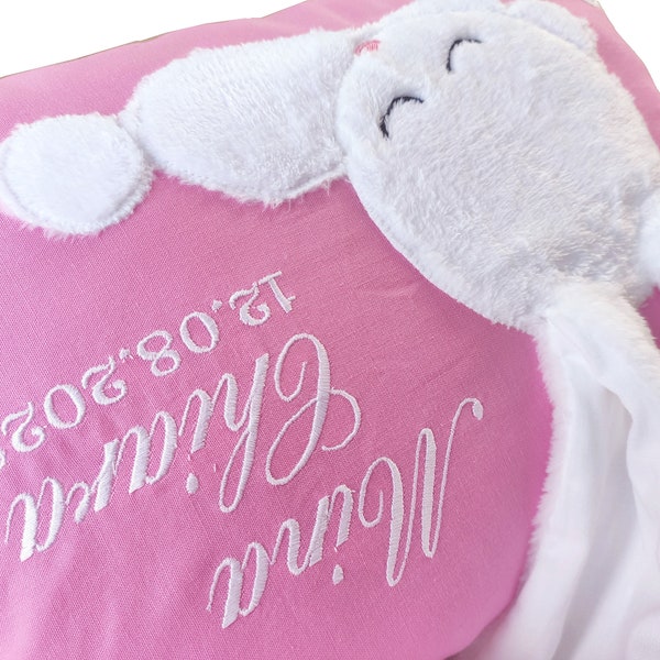 Gift Birth Girl pink pillow with name and rabbit baptismal gift