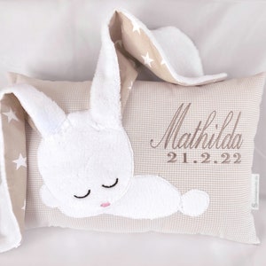 Name pillow beige with bunny/embroidered pillow as a birth gift/baptism gift/baptism pillow birth pillow with date size and weight