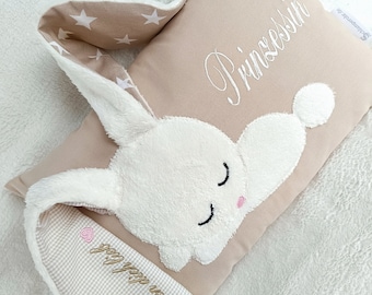 Namenskissen beige mit Hase/ besticktes Kissen als Geschenk zur Geburt/Taufgeschenk/Taufkissen Geburtskissen mit Datum Größe und Gewicht