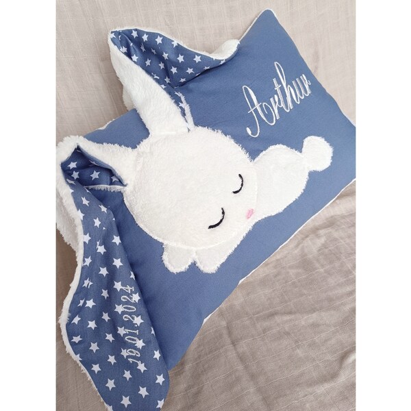 Kissen mit Name/ Namenskissen blau/Babykissen mit Namen/Kissen mit Hase/Kissen mit Namen/Hasenkissen/Kinder Kuschelkissen/Flauschrückseite