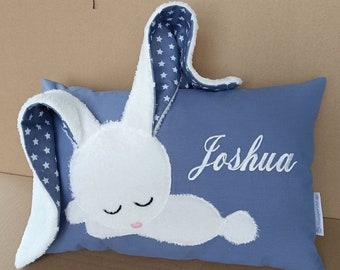 Kissen mit Name/ Namenskissen blau/Babykissen mit Namen/Kissen mit Hase/Kissen mit Namen/Hasenkissen/Kinder Kuschelkissen/Flauschrückseite