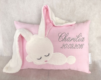 Namenskissen für Mädchen rosa mit Hase/ besticktes Kissen als Geschenk zur Geburt/Taufgeschenk/Taufkissen Geburtskissen mit Datum