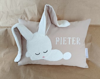 Namenskissen beige mit Hase/ besticktes Kissen als Geschenk zur Geburt/Taufgeschenk/Taufkissen Geburtskissen mit Datum Größe und Gewicht