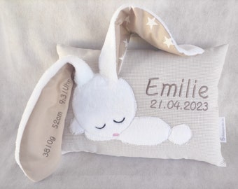 Kissen zur Geburt mit Geburtsdatum Größe und Gewicht Namenskissen beige mit Hase/ besticktes Kissen als Geschenk Baby